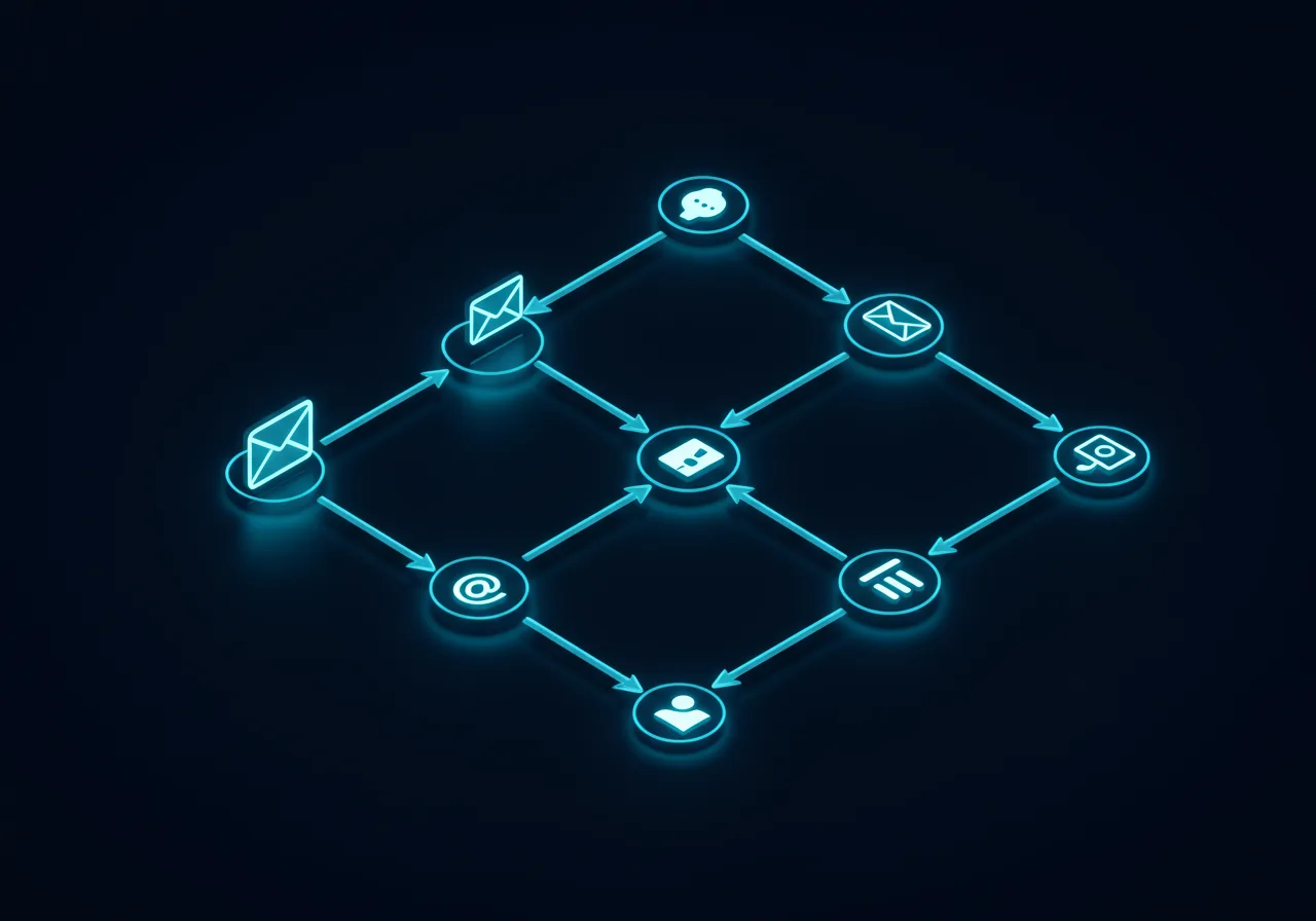 Isometric AI workflow automation diagram with connected nodes and cyan data flows
